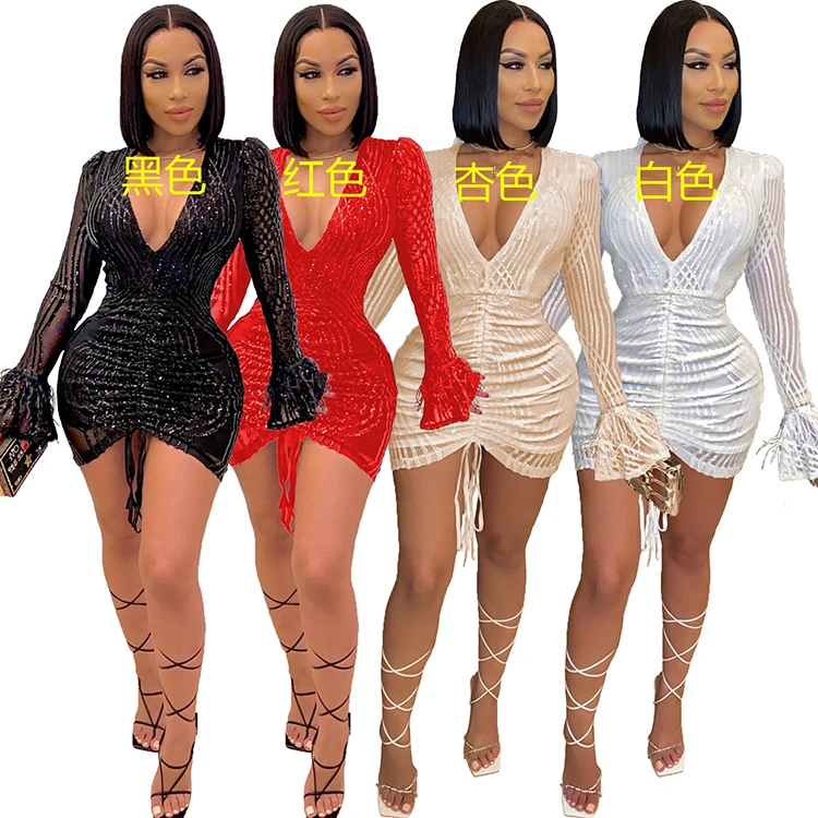 

2021 Trendy Lace Up Long Sleeve Dress Sexy Bodycon Mini Club Dresses Women Sequined Plus Size Draped Skirts, Black, white, red, champagne
