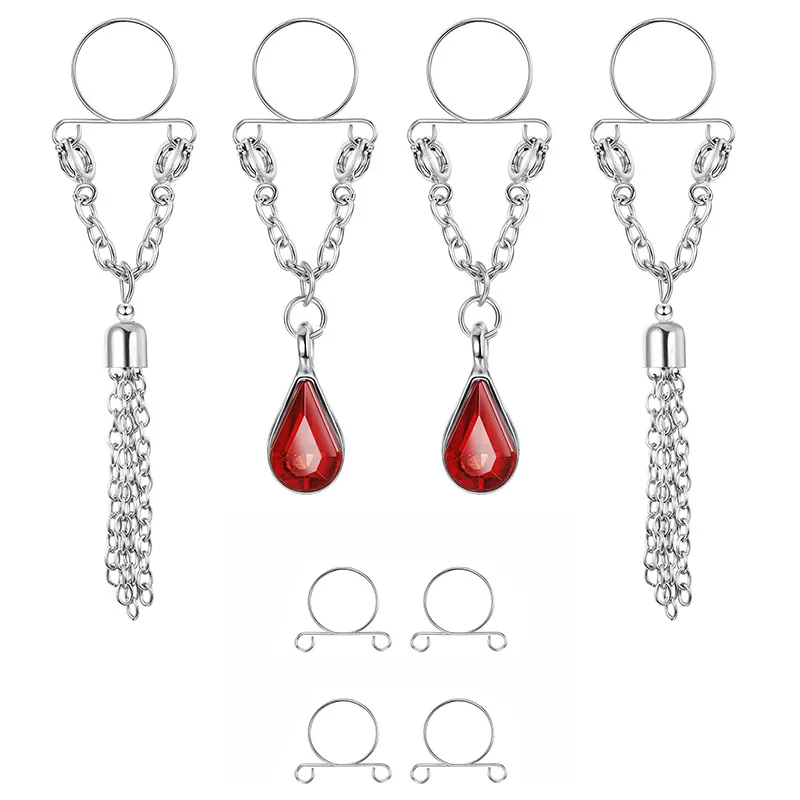 

2 Pair Fake Nipple Ring Stainless Steel Non-Piercing Nipple Rings Red Crystal Tassel Pendant Faux Body Piercing Fine Jewelry