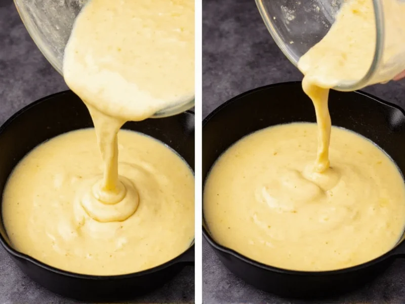 Step-by-step corn bread batter pouring into sizzling hot cast iron