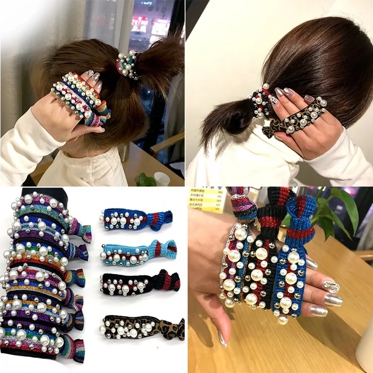 Whosale Colorful Hairband Knotted Ribbon Beaded Hair Tie Twist Pearl