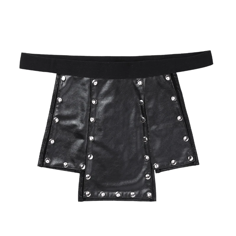 

iEFiEL Black Mens Faux Leather Lingerie Underwear Soft Low Rise Crotchless Studded Kilt Novelty Underwear Skirt