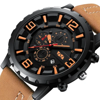 

VAVA VOOM Brand Men's Military Waterproof Leather Sport Quartz Watches Chronograph Date Fashion Casual Men's Clock