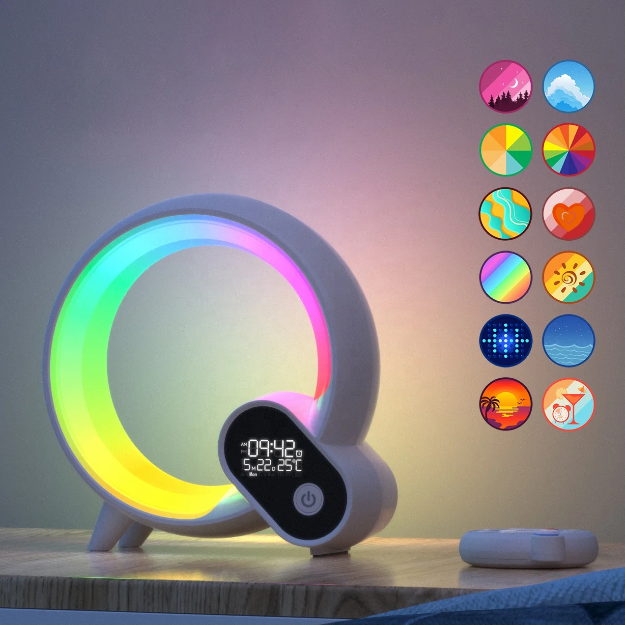 

Q colorful atmosphere light sunrise digital display alarm clock creative intelligent wake up light speaker table
