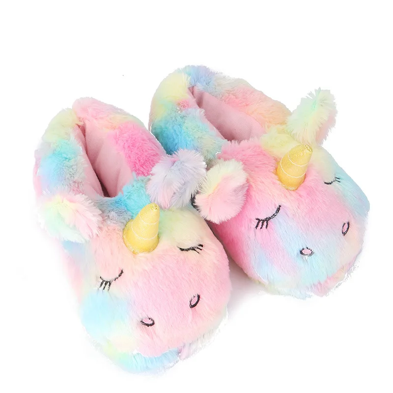 

Winter Women Girl 3d Unicorn Cartoon Fashion Home Shoes Anti-slip Long Fluff Plush Warm Indoor Slippers Rainbow Colorful Socks