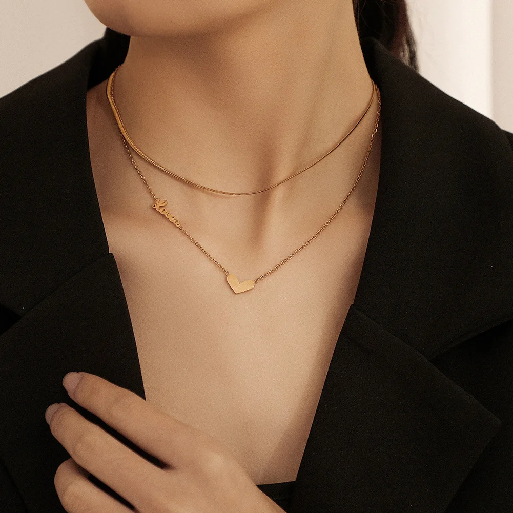 

Korean Version Of Stainless Steel Double-layer Clavicle Necklace Ins Cold Wind Simple Love Letter Love Temperament Necklace, Gold