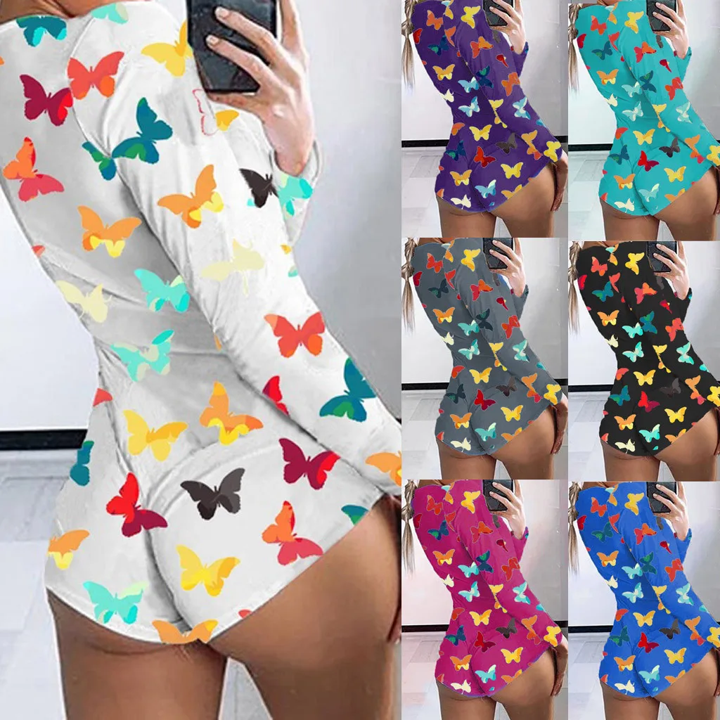 

New arrival wholesale pajamas women night wear one piece long sleeve butterfly printed adult onesie, Picture shows