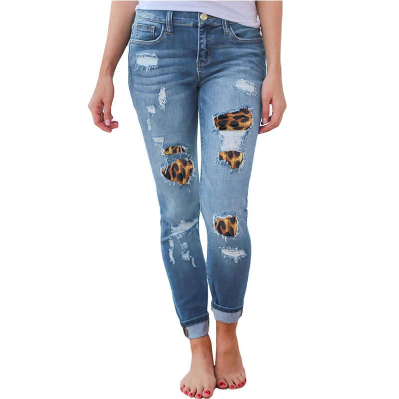 

Ladies Jeans Personalized Plus Size Leopard Print Patch Women's Ripped Jeans, As pic show