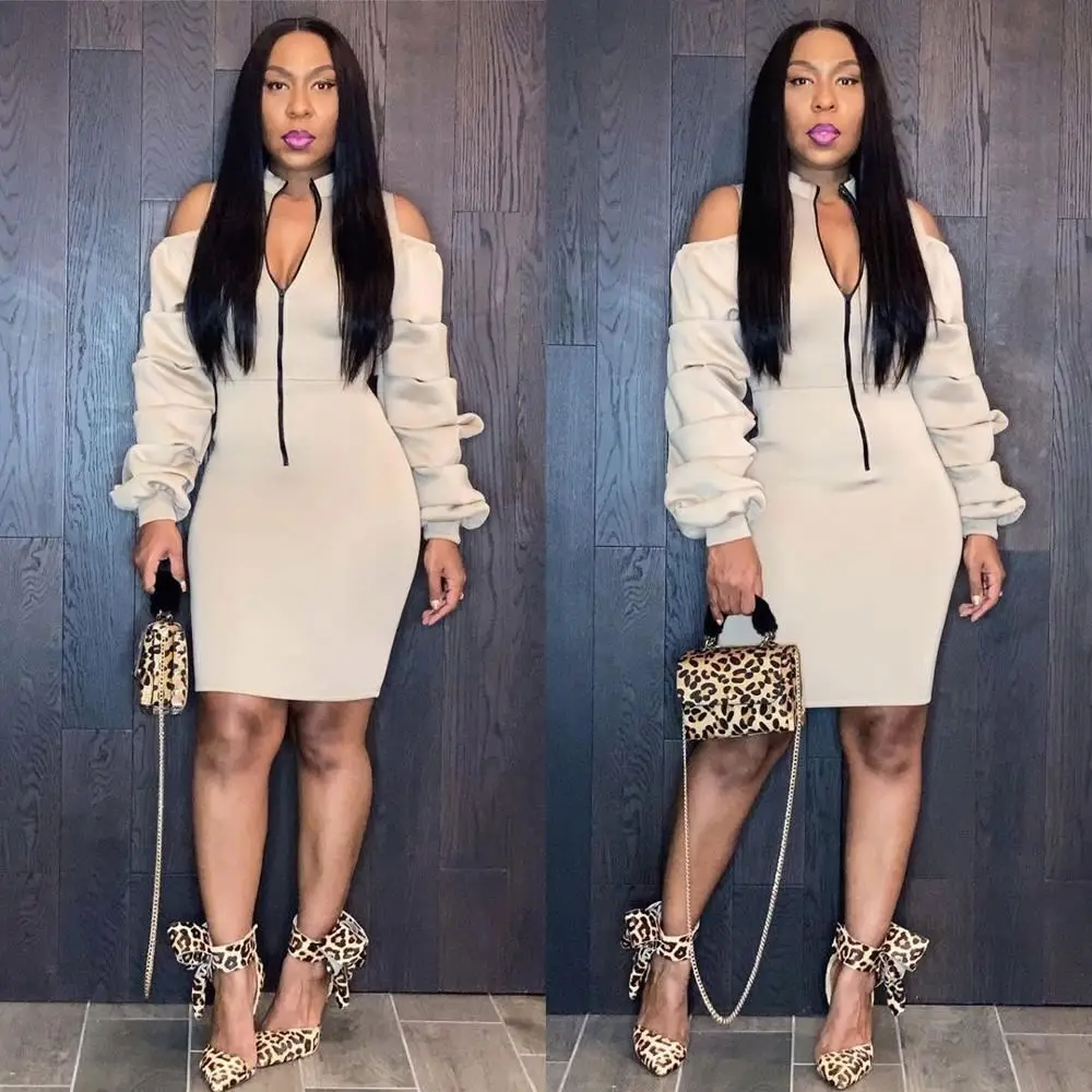 

KC-1169 Solid color zipper layered ruffle sleeve dress