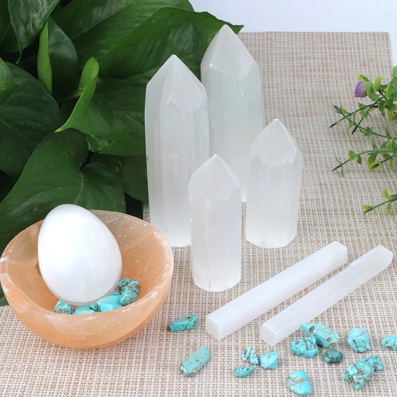 

Crystal Selenite Palm Stone Toumbled Stone Heart Beads Knife Moons Slab Stick Tower Wand Lamps Plate Bowl Selenite carved