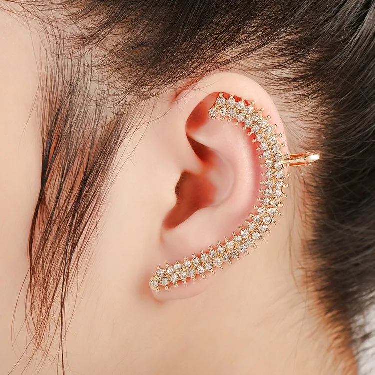 

Silver Gold Clip-On Fashion Zircon Stud Girl Classic Alloy Double Row Crystal WomenJewelry Single Left Earring Clip, Gold,silver