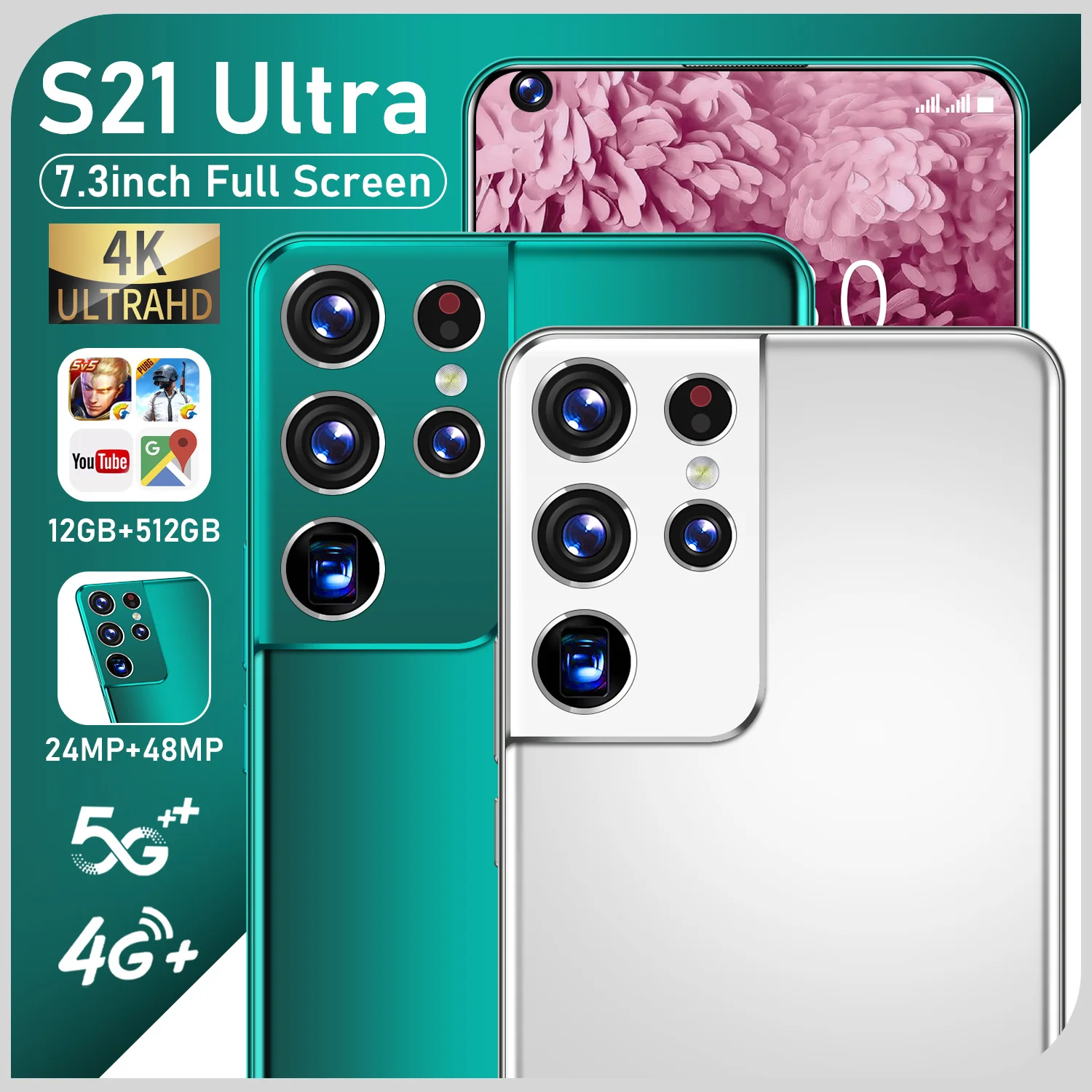 

Green Golden Color 3040x1440 px 7.3'' 5600 mAh Android 10.0 Cell Phone Smart Mobile Phone 5G S21+ Ultra