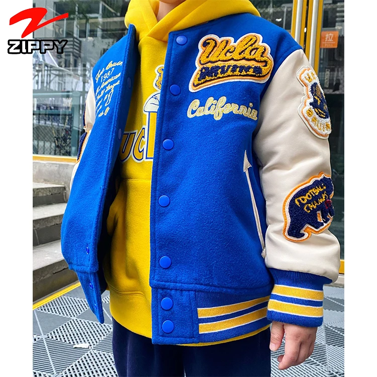 

Wholesale chenille patch baby wool varsity jacket manufacture custom children kids blue varsity jackets with leather sleeves, Customized color