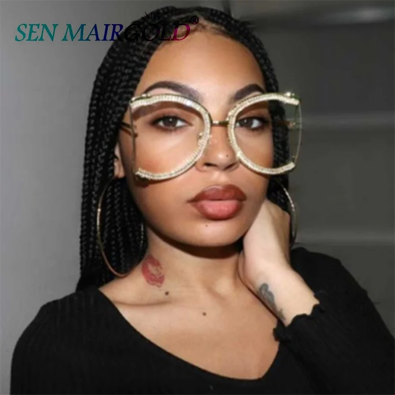 

2021 Oversized CZ Dimaond Designer Women Sunglasses Clear Shade Lens Eyeglasses Luxury Fashion Eyewear UV400, Show on the photo