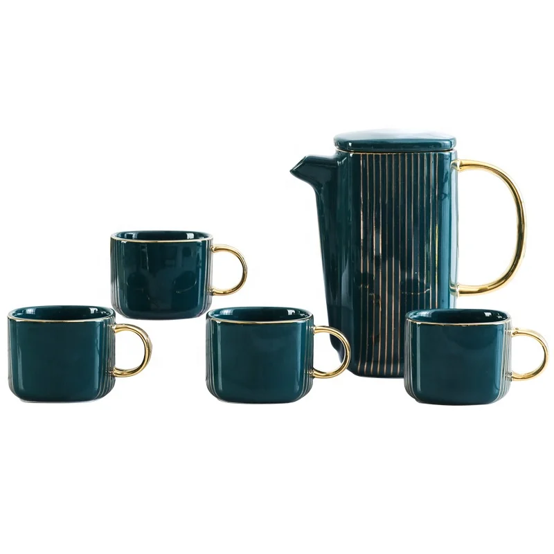 

European style square colored glaze gold line afternoon tea black tea coffee pot set