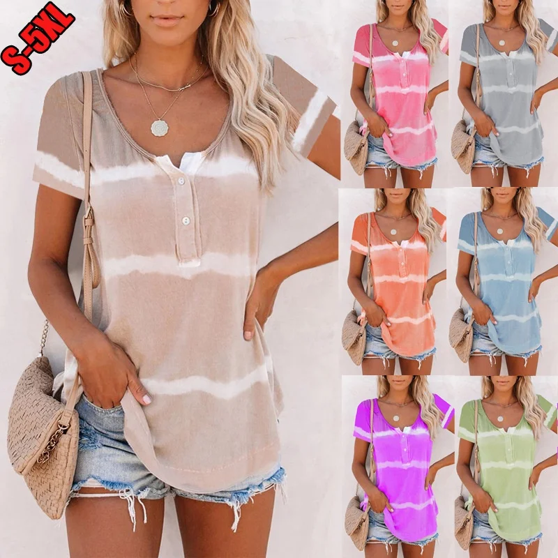

2021 new cross border European and American women's wear wish Amazon eBay V-neck button tie dyed top short sleeve printed T-shir