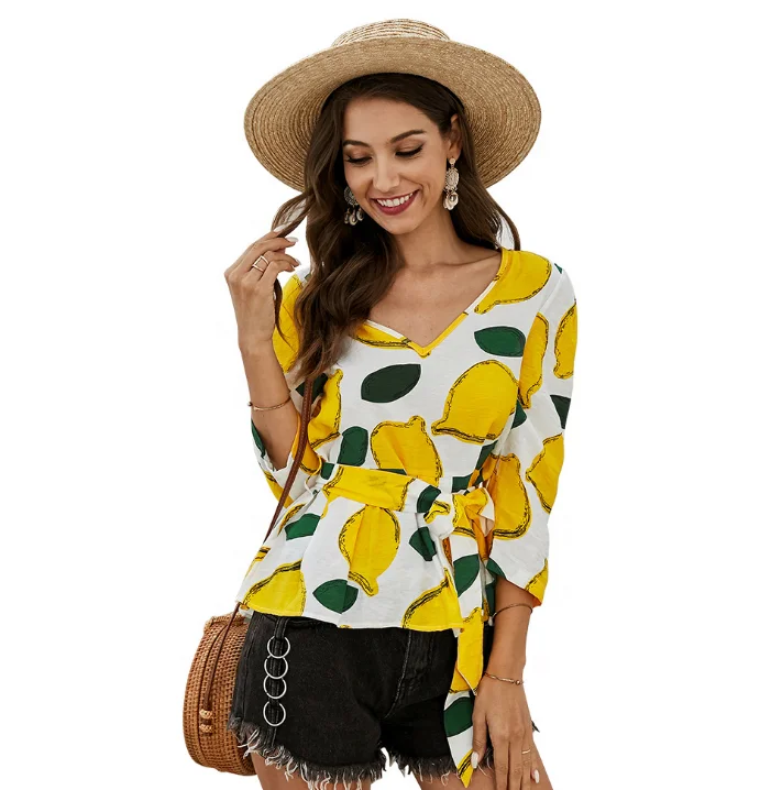 

New Style Wholesale Fashionable Women Lemon Printed Belt Blouse, Multi colors