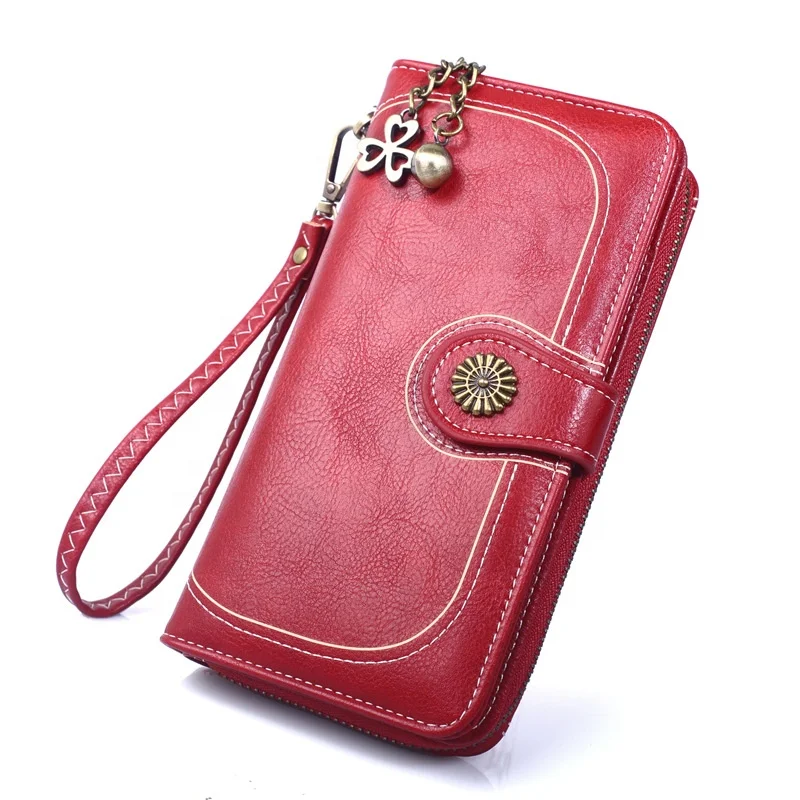 

2020 Hot Selling Oil Leather Zipper Three Fold Long Clutch Card Holder Women's Wallet Phone Bag, Yellow,wine red,black,orange,blue,brown