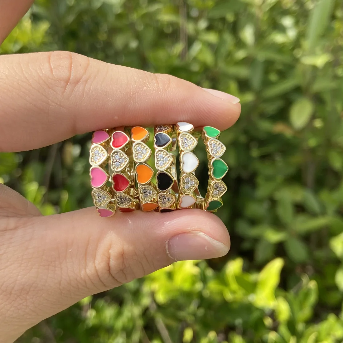

Newest Arrival Multi Color Oil Drip Heart Rings Real Gold Plated Cubic Zircon Heart Open Rings For Women Girl