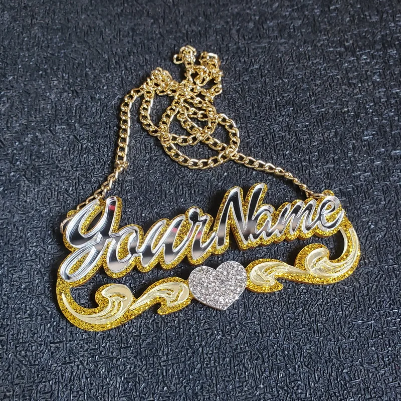 

QiuHan Statement Party Gold Plated Pendant Jewelry Acrylic Pendant Stainless Steel Chain Name Necklace Personalised for Gift