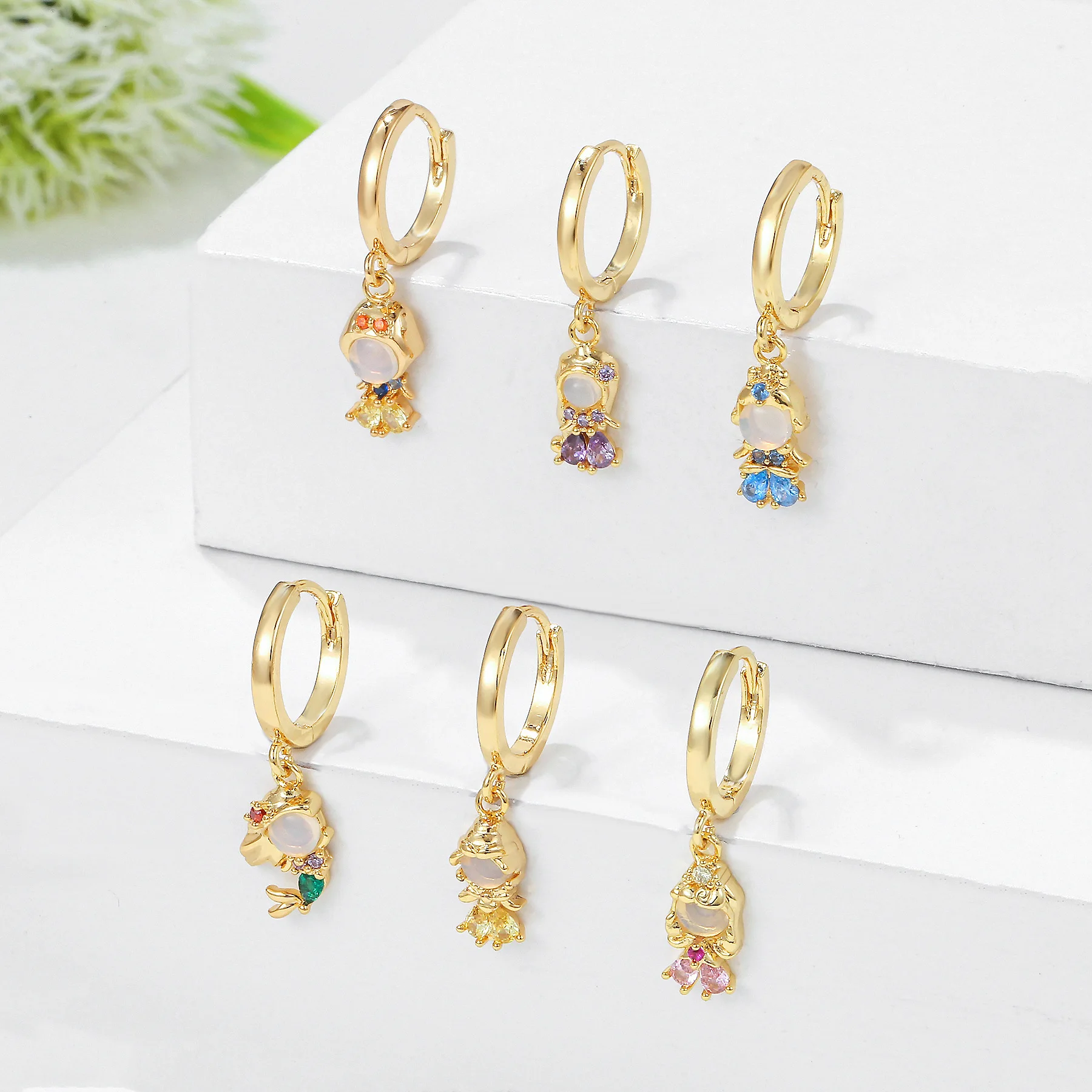 Cartoon Princess Zircon Drop Earrings for Women's Fashion Jewelry 18k Gold Plated Cute Multi Earrings for Women Girls