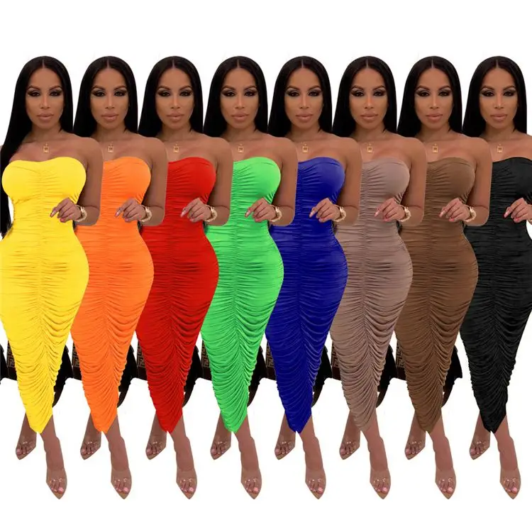 

FREE SAMPLE JHTH 2021 new arrivals strapless bodycon candy color dress cascading ruffle maxi dresses women summer