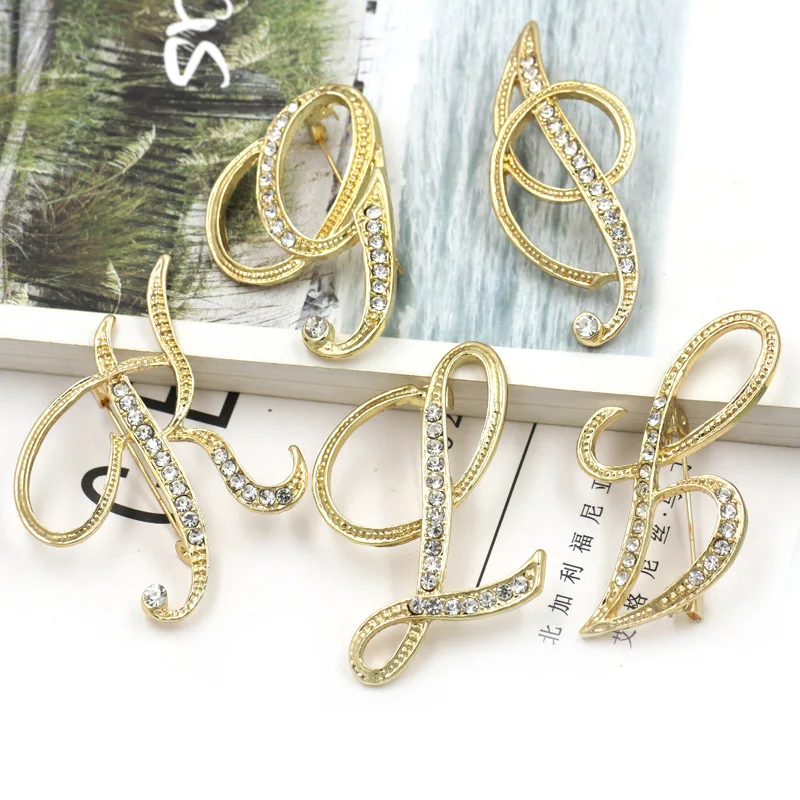 

A-Z 26 Letters Brooches Pins Silver Plated gold plated Metal Broaches Pins Clear Crystal Initial Rhinestone Brooch, Gold/sliver