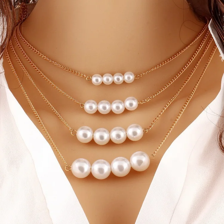 

00081-9 Best Selling Jewelry Gold Chain Four Multi Layer Pearl Bead necklace 2019 Fashion Gold Thin Chain Necklace