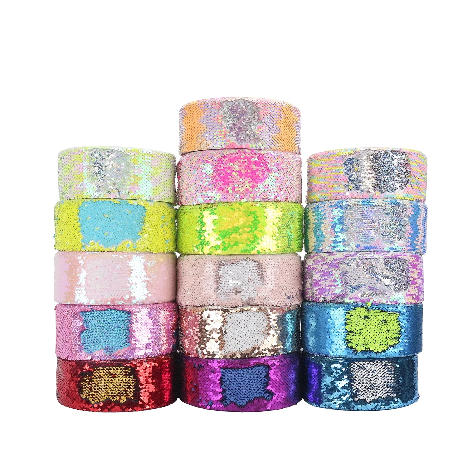 

Huihuang stock sale 75mm hair bows garment accessories sequins embroidered fabric reversible sequin ribbon, Customized color