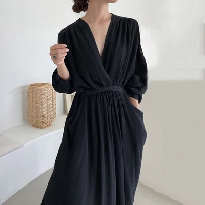 

Wholesale 2021 Spring/autumn Korean Fashion Casual Loose Women's Dress Elegant Gentle Retro long Sleeve Short Sleeve Dress