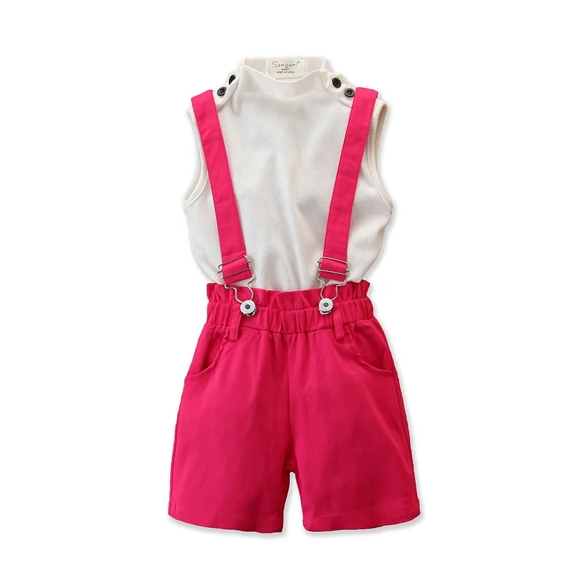 

B24259A Summer fashion girls' trouser suits sleeveless top + shorts trendy kids clothing set, As picture