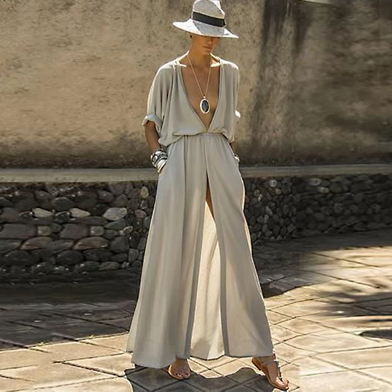 

Plus Size Deep V Neck Split Maxi Dresses Boho Beach Loose Casual Robe Bikini Cover Up