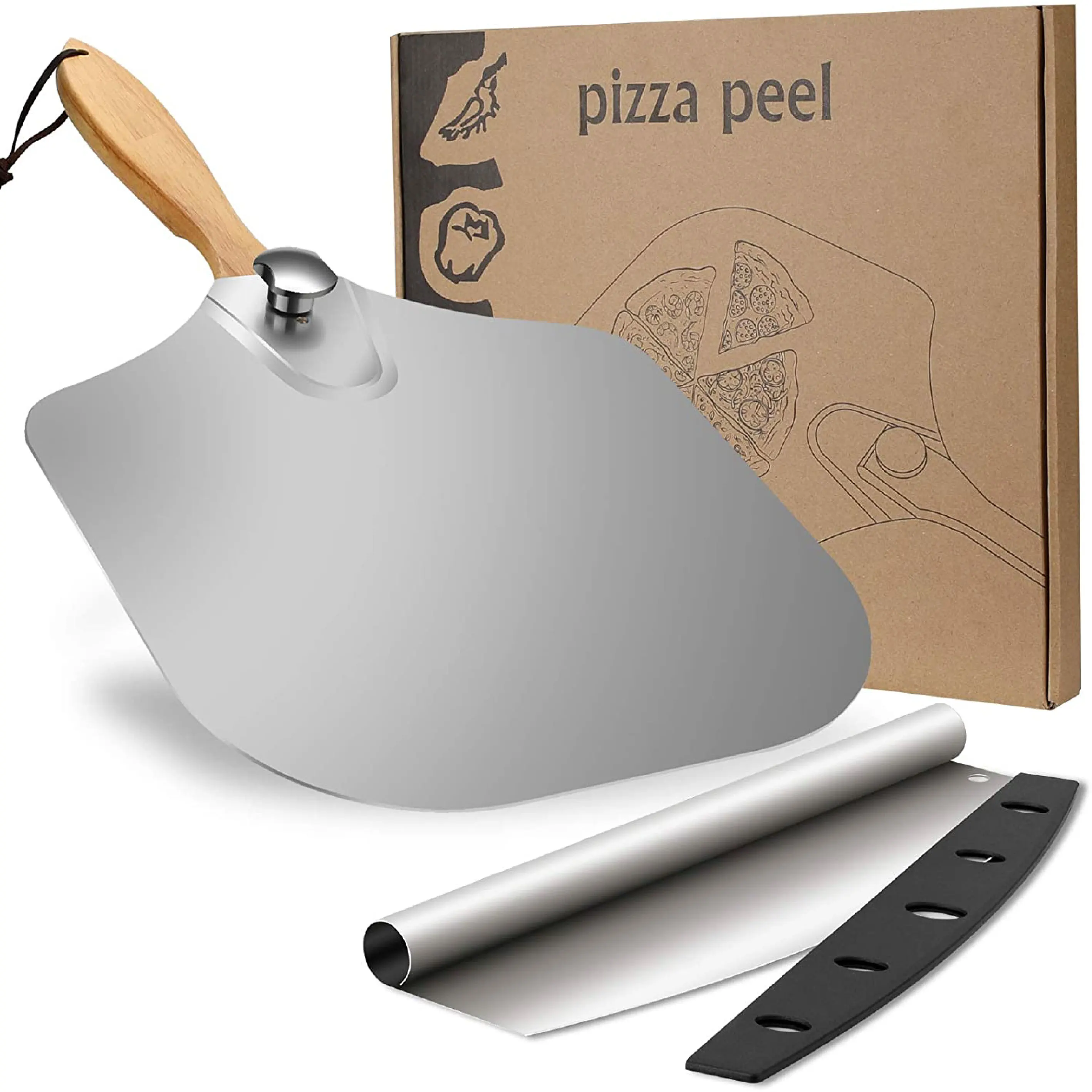 

Premium 12 x 14 Inch Foldable Rubber Wood Handle Aluminum Paddle Metal Pizza Peel Shovel with cutter
