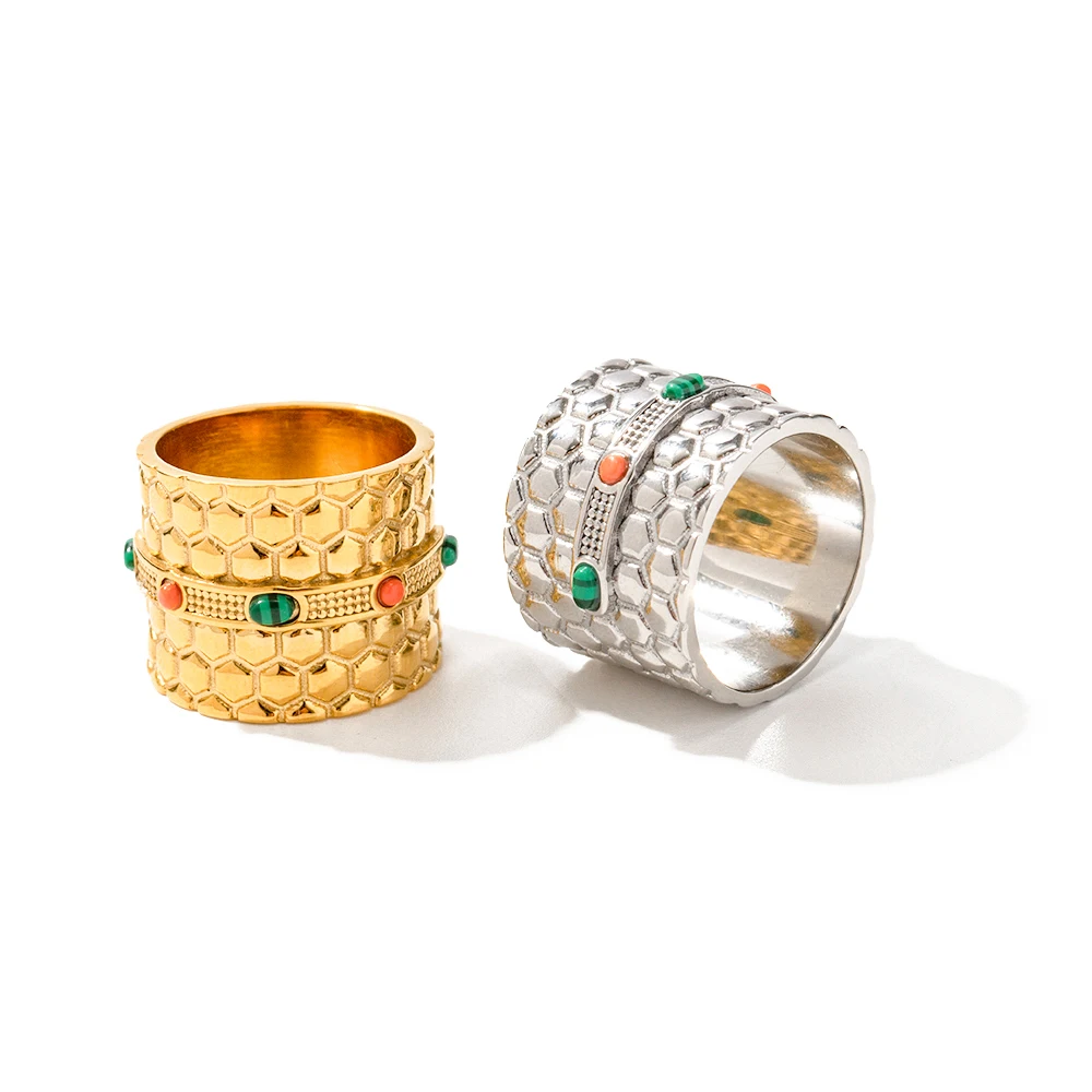 

Waterproof 18K Gold Plated Stainless Steel Bump Surface Honeycomb Green Malachite Stone Wide Finger Ring