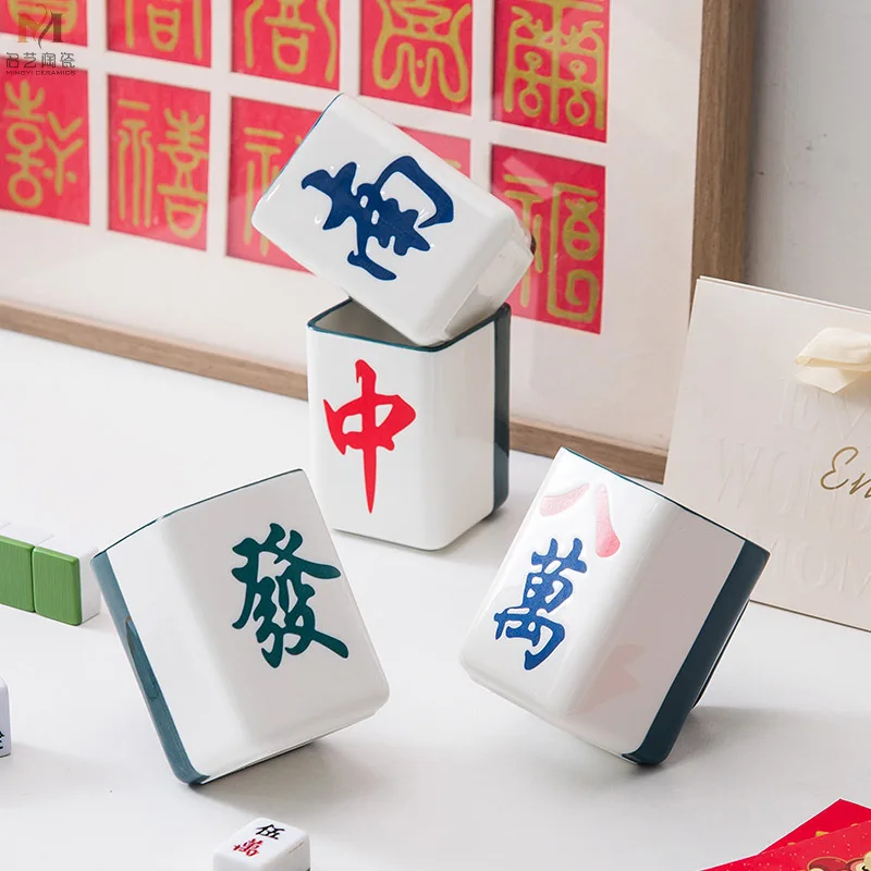 

Chinese style mahjong porcelain mugs with handle square retro ceramic water coffee mugs for home office drinking