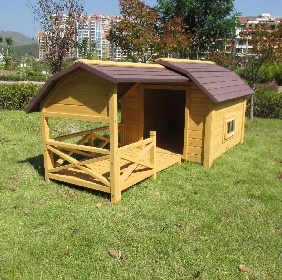 

SUNNYZOO Outdoor Large luxurious wooden dog house with porch for large dogs, Natural yellow/ optional