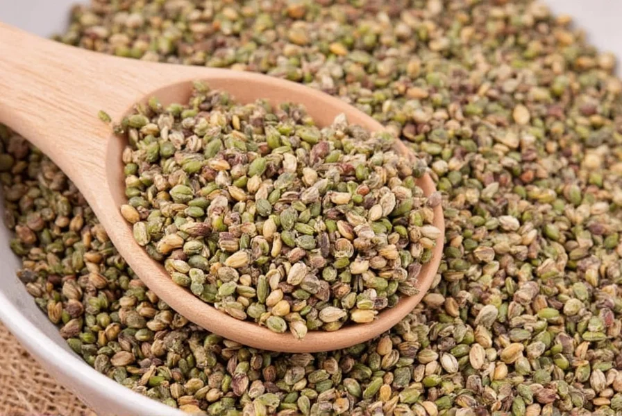 Close-up comparison of fennel seeds, anise seeds, and dill seeds on wooden cutting board