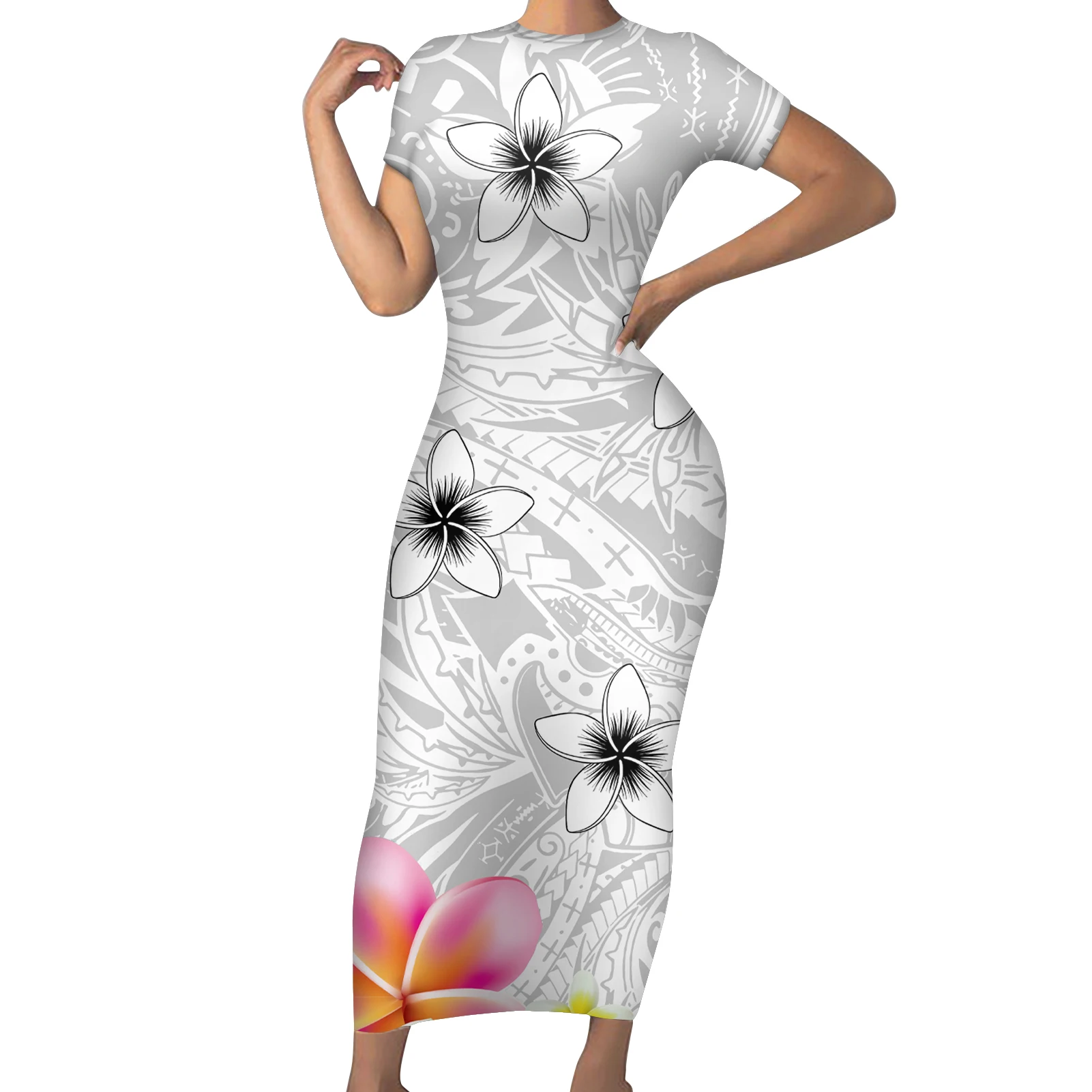 

White Tribal Polynesian Hawaii Print Women Short Sleeve Long Dress Plus Size Summer Trendy/Casual Clothing Wholesale Pric, Customized color