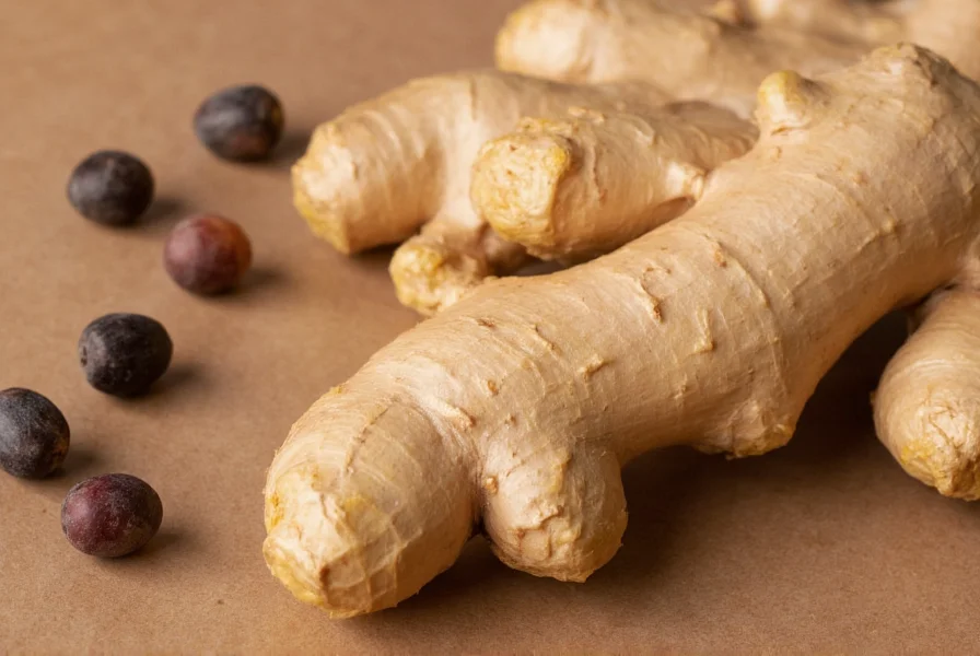 Detailansicht: Ingwerwurzel mit knotiger Struktur im Vergleich zu glatten Wacholderbeeren
