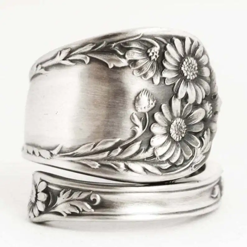 

Fashion Silver Swirl Motif Spoon Style Adjustable Ring Thumb Band Flower Open Ring