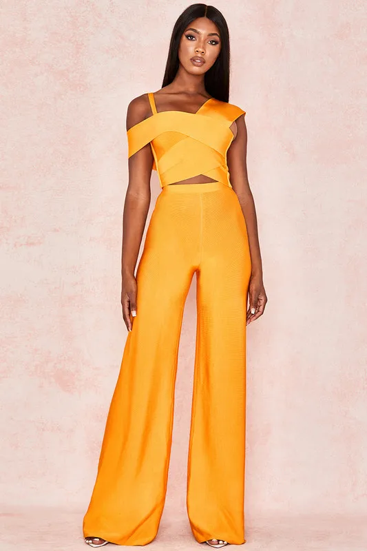 C1991 Custom 2024 New Arrival High Quality Orange Women Club Crop Top Two Piece Set Sexy Pant 3137