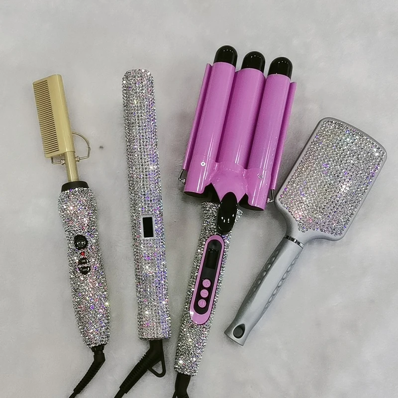 

Professional hot hair tools set 4pcs tools set bling rhinestone hair crimping iron and diamond pressing hot hair comb, Pink,hot pink,silver