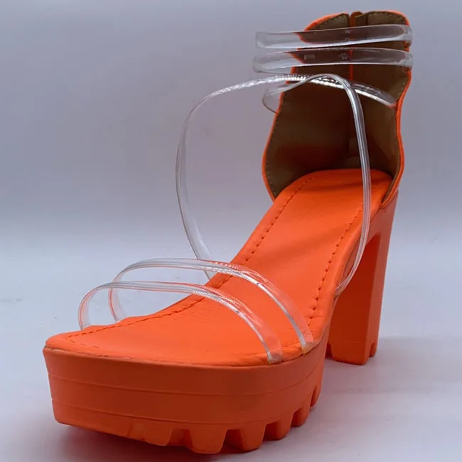 Women Sexy Orange Block Heel Ladies Neon Color Sandals Clear Strap