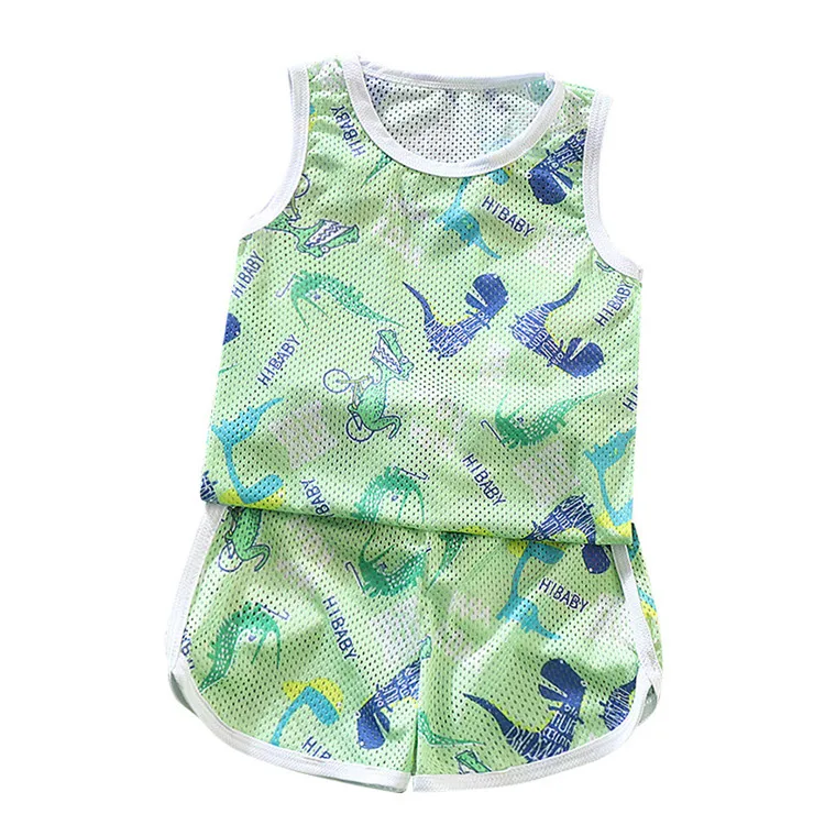 

Wholesale customized logo summer round collar vest shorts two piece sets kids mesh breathable white beach print suit