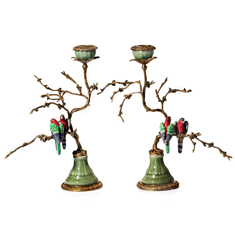 

European American Style Painted Ceramic Bird Branch Candlestick Crafts Luxury Ceramic Decorative Candle Holder