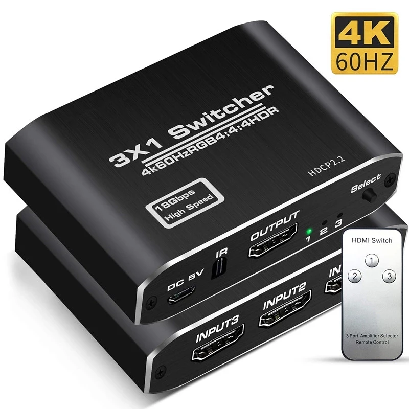 

3 in 1 Out 4K HDMI Switch Splitter Switcher with IR Remote Control Supports HDCP 2.2 4K@60Hz HDR 3D HD1080P for PS4 Xbox Apple