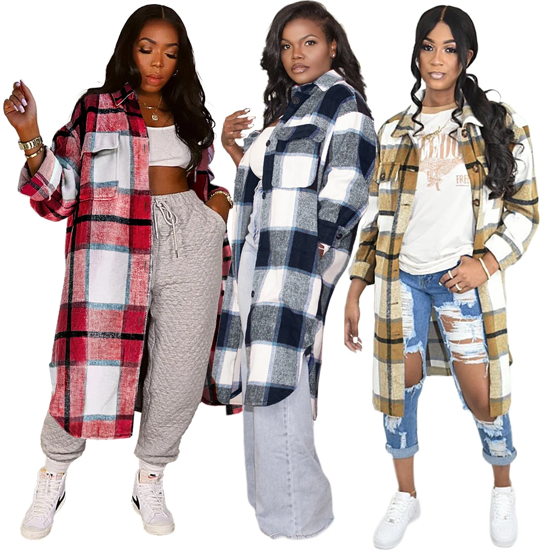 

Woolen pocket plaid women long sleeve shirt women's jacket unisex