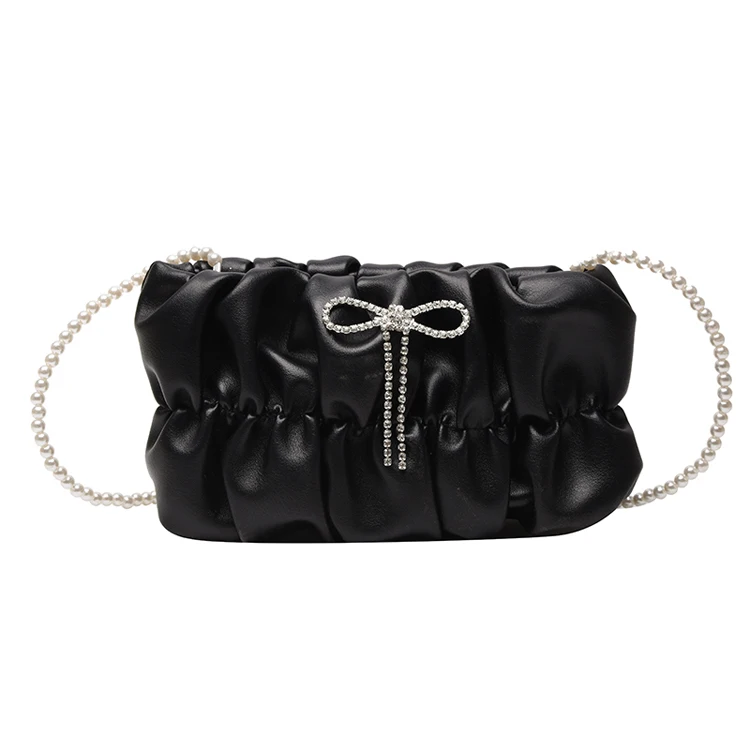 

2021 Pearl chain white summer new trendy fashion PU leather ladies shoulder hand bag, Black,white