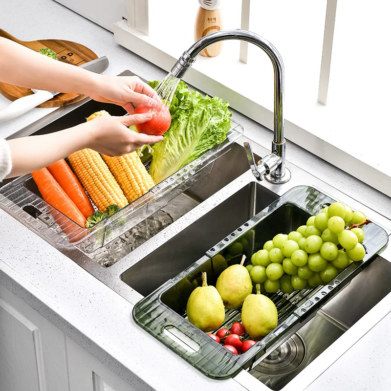 

Kitchen PET Adjustable Tableware Vegetable Fruit Plastic Telescopic Dry Storage Basket Transparent Retractable Sink Drain Rack, 2 colors for choose