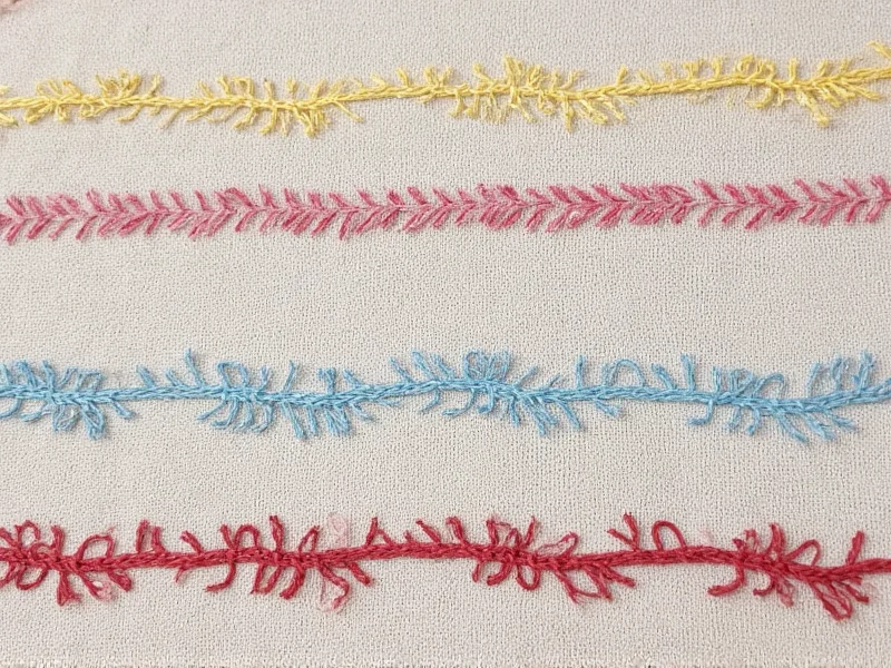 Close-up of hand-embroidered textile showing unique stitch patterns