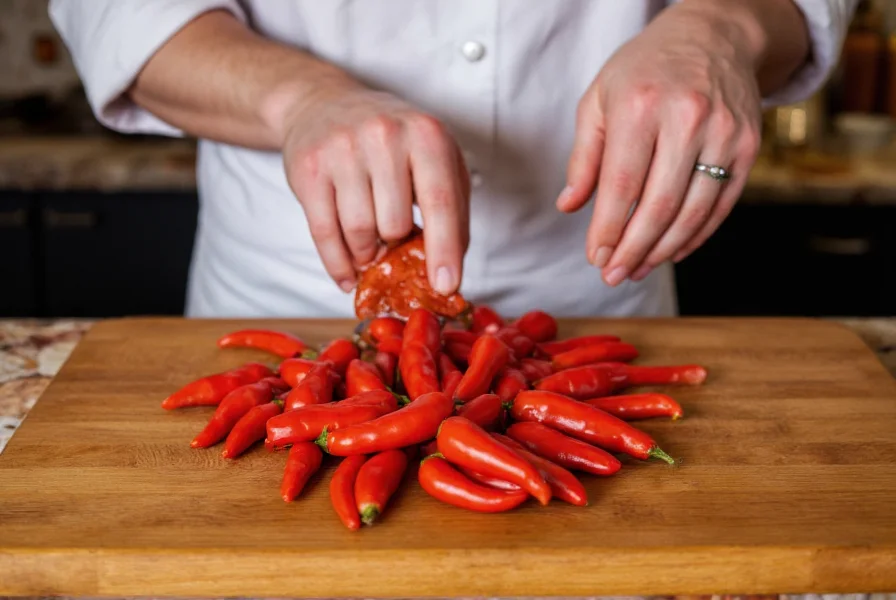Chef preparing brick red chili peppers for cooking on wooden cutting board